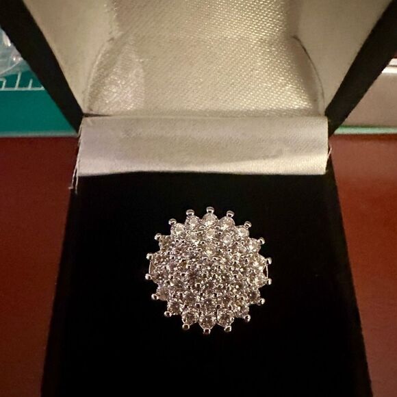 925 Sterling Silver Plated Art Deco Circle Cluster Statement Ring - Picture 3 of 14